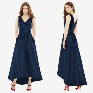 NWT ALFRED SUNG Navy Satin Twill Sleeveless V-Neck Pleated High Low Gown 14